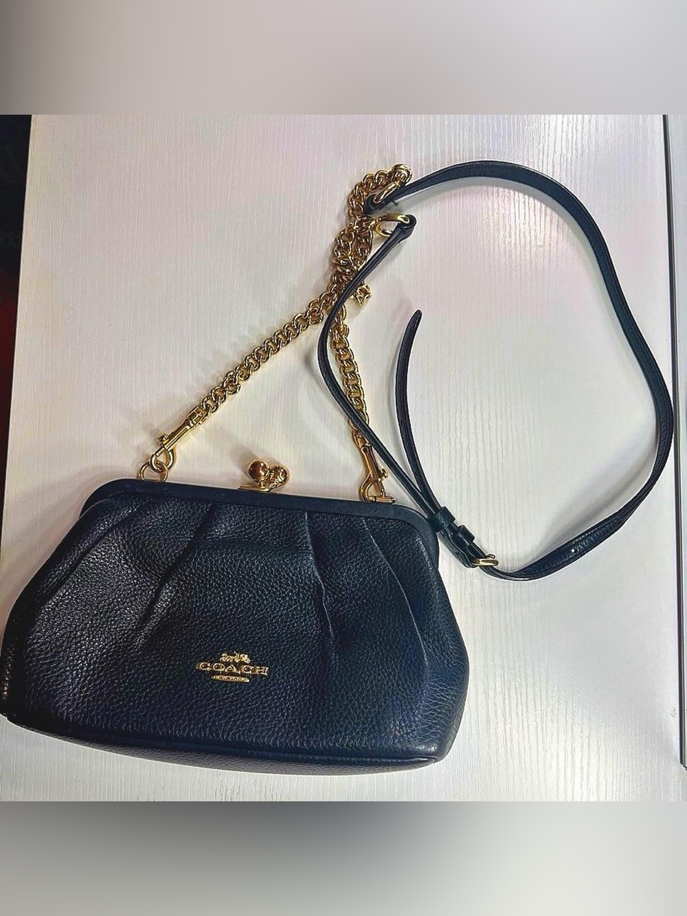 Coach Black Pebbled Leather Nora Kiss-Lock Crossbody Bag with Gold Chain